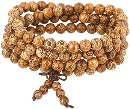 Datha54 Unisex 8mm Wood Bracelet Link Wrist Elastic Necklace Chain Tibetan Buddhist Bead Prayer Buddha Mala, 108 Beads Wenge Bracelet for Men,Women, Pack of 2