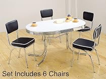 7pc White & Chrome Retro Oval Table & Black Chairs Set