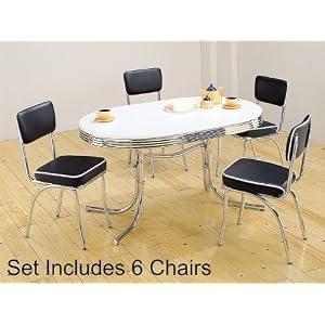 7pc White and Chrome Retro Oval Table and Black Chairs Set by visiondecor Furniture