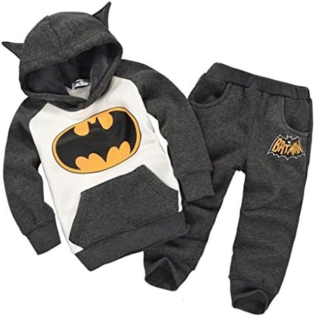 Free2mys Kids Batman Fleece Hooded + Elastic Waist Pants Clothes Set (4, Grey)