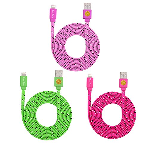 3PK 6ft Durable Braided Flat Lightning Sync Cable Charger Cord for iPhone 6, 6S, 6S Plus, 5S (GrnPnkHpnk)