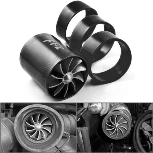 1x Aluminum F1-Z After Market Replacement Air Intake Flow Turbo Dual Propeller Fuel Saver Fan + 3 Rubber Holder Set - Black