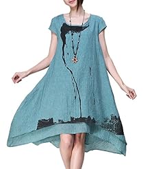 General Print Cotton/Linen Summer Fit-and-Flare Short Sleeves  Dress