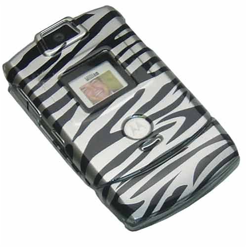 Motorola V3 RAZR Silver and Black Zebra Crystal Case - Includes TWO Bonus Personal Charm Straps!