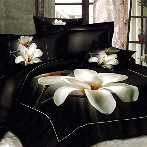 Beddinginn 4 Pieces 3d Bedding Sets White Big Magnolia Flower Print Duvet Cover Set 400-thread-count Cotton Material (Queen)