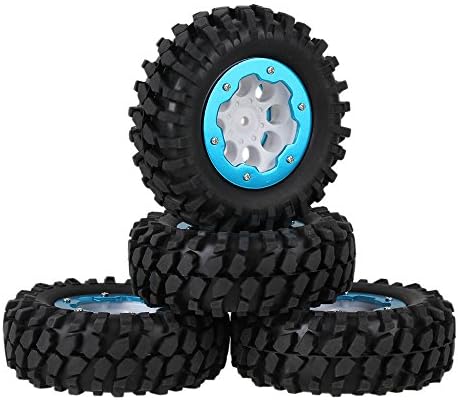 Mxfans Black Gravel Pattern Rubber Tyre &amp; White Plastic 8 Holes Wheel Rim with Blue Alloy Beadlock for RC 1:10 Rock Crawler Pack of 4