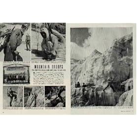 MOUNTAIN TROOPS: They fight from craggy peaks amid snow, ice and rocks. The pictures on these pages, taken recently by LIFE Photographer J.R. Eyerman, show a mountain infantry regiment undergoing training near Fort Lewis, Washington. Troopers identified include Sergeant Walter Prager and Sergeant Peter Gabriel in training conditions. ..... 1942 LIFE Magazine Article, A5378A. 19421109