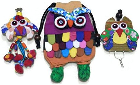 Set of Thai Embroidery Owl Cotton Hippie Hobo Boho Keychain ,Bag Purse Hanging and Crossbody Shoulder Coin Purse Bag
