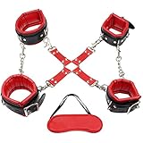 Paloqueth Beginner Fetish Sm Under Bed Restraint Kit with Hand Cuffs Ankel Cuffs and Blindfold Bondage Collection For Male Female Couple Sex Play(Black and Red,8pcs)