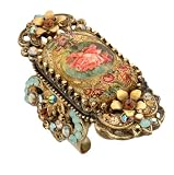 Michal Negrin Art Deco Style Adjustable Statement Ring Ornate with Roses Bouquet Print, Surrounded by Hand Painted Flowers, Vintage Ornaments, Blue and Brown Swarovski Crystals