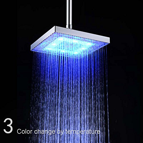 Getek Square 8" inch Led Shower Head Temperature Sensor 3 Colors Changing Bathroom Showerhead