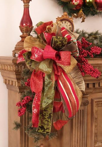 Christmas Bows -Set of 2 Red and Green Designer Bows CR1003 Mantle & Wreath Bows