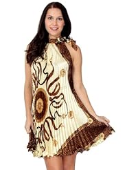 Halter Polyester/Silk Pleated High-Neck Leopard Print  Dress With a Ribbon 