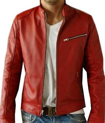 V4M Men's Biker Leather Jacket 4XL Red