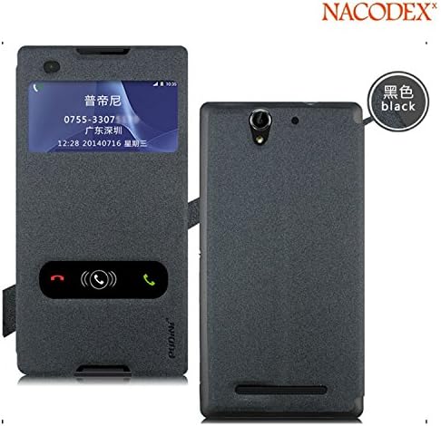 Nacodex® - Sony Xperia C3 S55t S55u - Pudini® [Flip Cases] Slim Filp Two View Luxury Genuine Leather Cover Case [ View Window ] Pu Leather, Fold Stand & Windown Open Case+100% Handmade Folio Case Flip Cover Case (Sony Xperia C3 (Black))