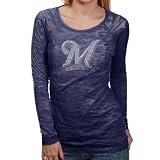 MLB Touch by Alyssa Milano Milwaukee Brewers Ladies Navy Blue Crystal Logo Sheer Burnout Premium Long Sleeve T-shirt (Medium)