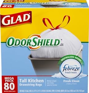 Glad OdorShield Tall Kitchen Drawstring Trash Bags, Fresh Clean, 13 Gallon, 80 Count