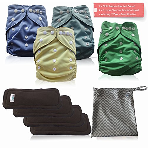 AngelicWare Cloth Diapers Set. Reusable all in one size Baby Pocket Diaper Cover + 5 Layer Bamboo Inserts. Best Diapering Gift Bundle Pack. Keep them Happy & Dry + bonus eBOOK