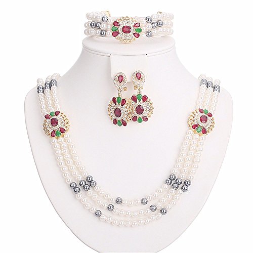 Moochi 18K Gold Plated 3-Strand Man-Made Pearls Chain Colorful Jewelry Set
