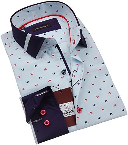 Giannia Lorenzo Mens Light Blue Printed Shirt with Navy Collar and Cuff (Large)