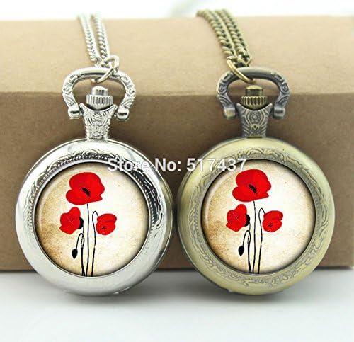 Pretty Lee Poppy Pocket Watch Glass Cabochon Locket Necklace Style Retro Vintage Pocket Watch Necklace