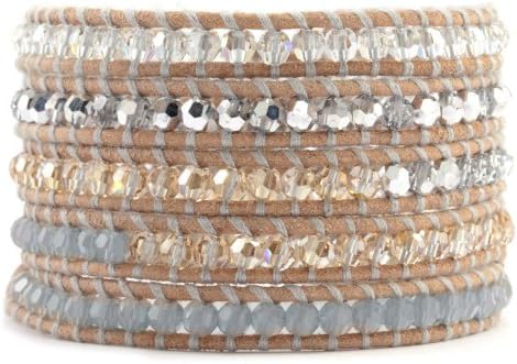 Chan Luu Crystal Grey Mix Beige Leather Wrap Bracelet bs-3965