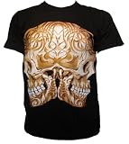 Twin Skulls Tribal Tattoo Mirror Image Goth Biker Double Sided Print T-shirt Color : Black Size: Extra large 46" / 48"