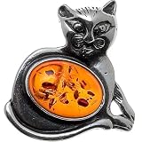 Certified Genuine Honey Amber and Sterling Silver Cat Pin