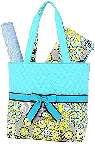 Belvah Quilted Floral &amp; Paisley Pattern 3pc. Diaper Tote Bag (Grey/Turquoise)