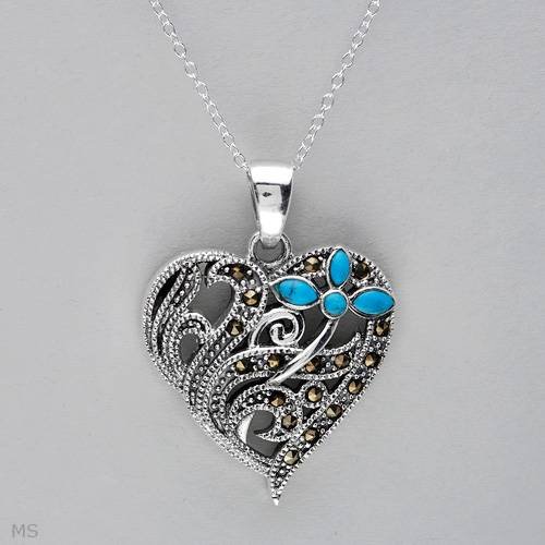 Genuine Morne Rouge (TM) Necklace. Sterling Silver Heart Necklace with Turquoise & Marcasite. 9.7 grams in weight and 18 inches in length. 100% Satisfaction Guaranteed.