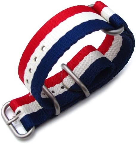 MiLTAT 22mm 3 Rings Zulu JB Military Style Watch Strap, French Flag Colors, Brushed Buckle
