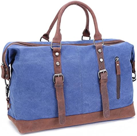 VANZ Travel Tote Duffel Bag Canvas Leather Trim Luggage Weekend Overnight Bag Blue