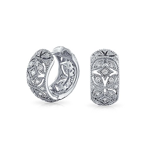 Bling Jewelry Brass Victorian Style Flower CZ Huggie Hoop Earrings