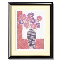 《版画》波目模様の花瓶とピンクとパープルの花束 大衣(509×394mm)