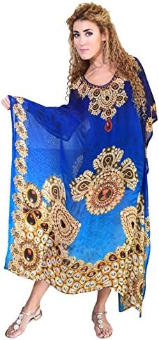 Barcelona LONG Digitally Printed Lovely Blue Rich Bead Worked Plus size Caftan Kaftan