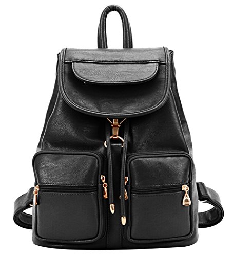 Coofit® Casual Simple Leather Retractable Lady's Packsack Knapsack (0844 Black)