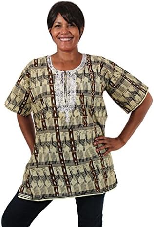African Print Unisex Dashiki, Made in the Gambia, Many Colors, One Size (Beige Giraffes)