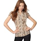 Angie Top, Short Sleeve Button Ruffle Plaid 