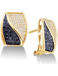14K White Gold Large Micro Pave Set Round White and Black Diamond Square Shape Setting Hoop Earrings - (1.00 cttw)