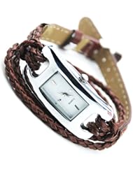 Fashion Womens Quartz Square Dial Weave Wrap Fuax Leather Bracelet Watch Brown
