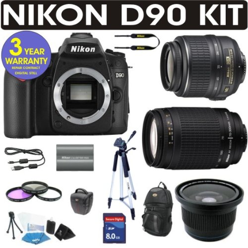Nikon D90 Digital Camera + Nikon 18-55mm VR Lens + Nikon 70-300mm Lens + .40x Wide Angle Fisheye Lens + Extra Battery + 3 Year Celltime Warranty