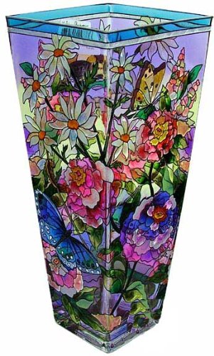 Amia 10-Inch Tall Hand-Painted Glass Vase Featuring Roses and Butterflies