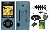 Blue Silicone Case Skin Cover + LCD Screen Protector + Belt Clip + Adjustable Armband + Lanyard + Fishbone Keychain for Apple iPod Nano 5th Generation 5G, 8GB,16GB Series Bundle Kit Set