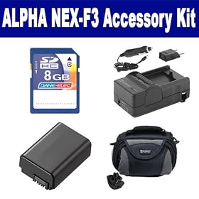 Sony Alpha NEX-F3 Digital Camera Accessory Kit includes: SDNPFW50 Battery, SDM-1530 Charger, SDC-26 Case, KSD48GB Memory Card