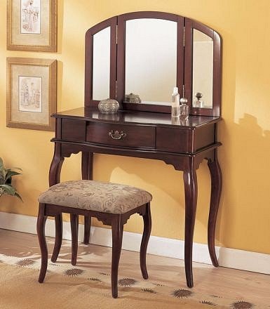 Kitchen: 3 pc cherry finish wood vanity set with tri fold mirror and bench