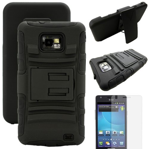 MINITURTLE, Rugged Hybrid Dual Layer Armor Phone Case Cover with Built in Kickstand, Swiveling Holster Belt Clip, and Clear Screen Protector Film for Android Smartphone Samsung Galaxy S2 II Attain SGH-I777 AT&T / Prepaid Straight Talk SGH-S959G (Black)