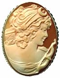 Goddess Diana, Cameo Pin Pendant Master Carved Carnelian Conch Shell 14k Gold