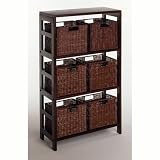 Winsome Wood Leo Wood 4 Tier Shelf with 6 Rattan Baskets in Espresso Finish