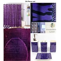 20 Piece Bath Accessory Set Purple Bath Rug Set + Purple Zebra Shower Curtain & Accessories