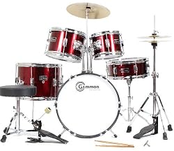 Junior 5-Piece Red Childrens Drum Set with Cymbals Sticks Stands Stool and Hardware - Child Kid Size